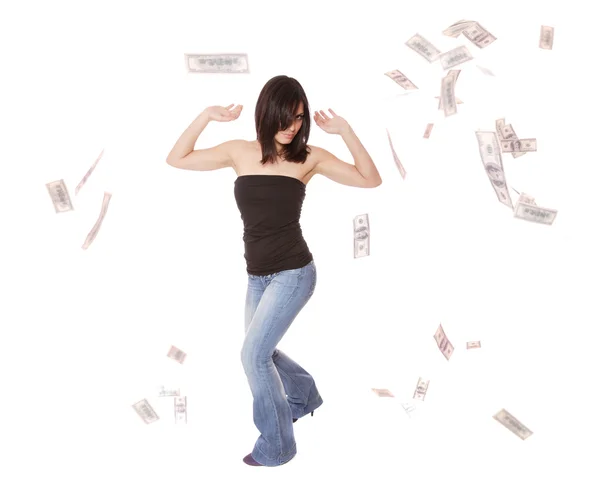 Attractive woman takes lot of 100 dollar bills — Stock Photo, Image