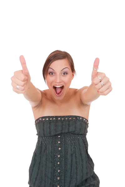 Beautiful young woman showing thumbs up sign — Stock Photo, Image