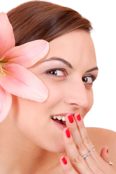 Beautiful woman with flower isolated on white — Stock Photo, Image