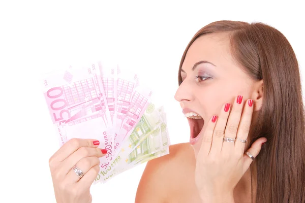 Šťastná žena se skupinou bankovek eura, samostatný. — Stock fotografie