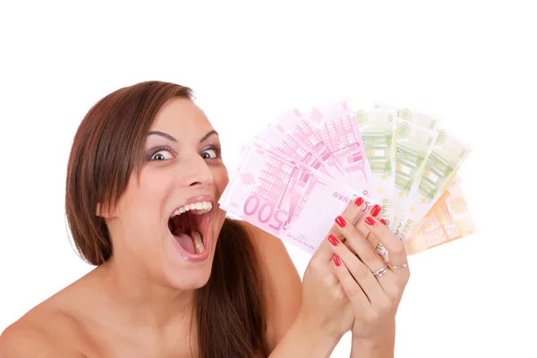 Mujer feliz con grupo de billetes de euro aislado . —  Fotos de Stock