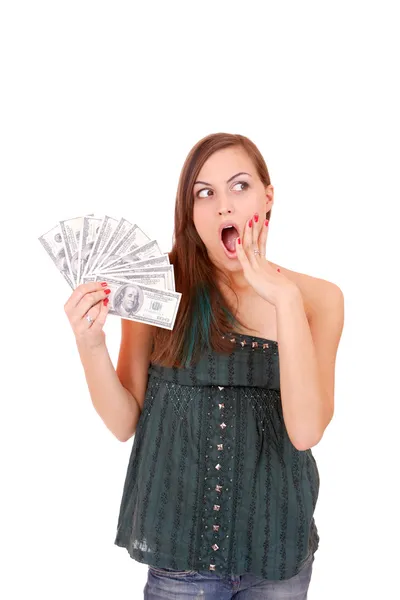 Attractive woman takes lot of 100 dollar bills — Stock Photo, Image