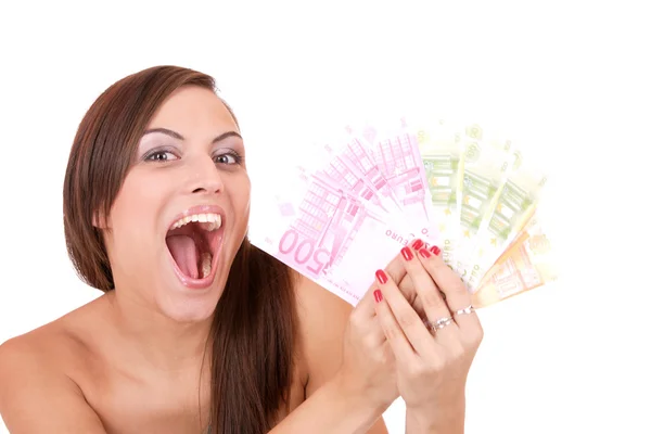 Femme heureuse avec groupe de billets en euros Isolé . — Photo
