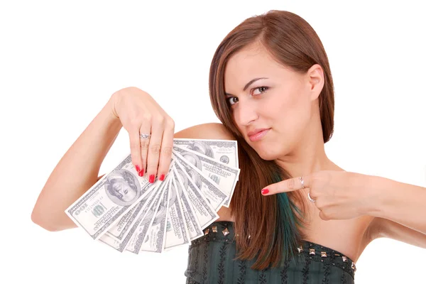 Attractive woman takes lot of 100 dollar bills — Stock Photo, Image