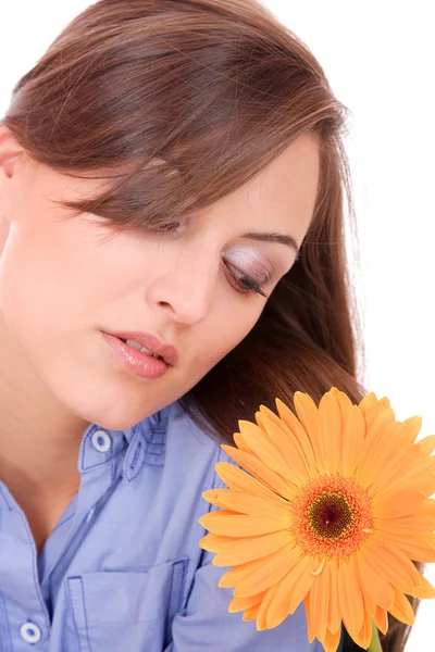 Hermosa mujer con flor aislada en blanco —  Fotos de Stock