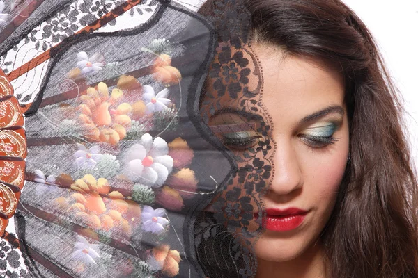 Spanish woman behind traditional fan. — Stock Photo, Image