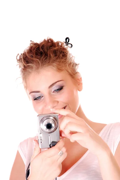 Mujer hablando de una foto — Foto de Stock