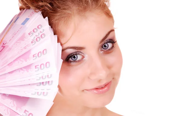 Mulher feliz com grupo de notas de euro Isolado . — Fotografia de Stock