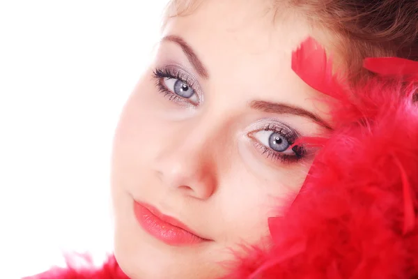 Piękna kobieta z wentylatorem czerwony — Zdjęcie stockowe