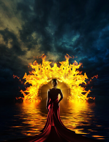 Woman at hell's door dramatic background