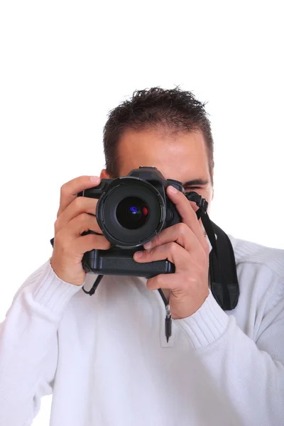 Jeune photographe avec appareil photo, isolé — Photo