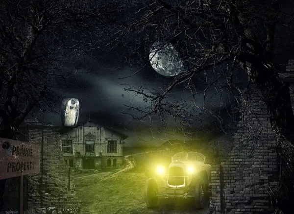 Dark and scary Haunted Mansion com coruja — Fotografia de Stock