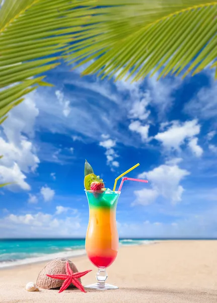 Fresh tropical cocktail on sunny beach in Maldives — Stock Photo, Image
