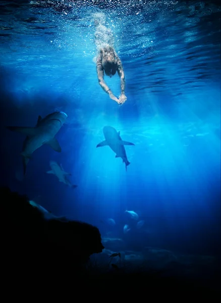 Mujer joven nadando con skarks i — Foto de Stock