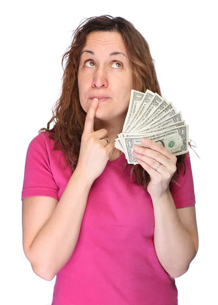 Young thoughtfully woman with money — Stock Photo, Image