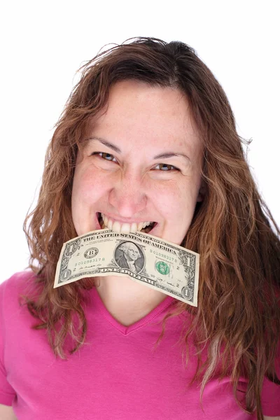 Junge Frau beißt Dollar an den Zähnen — Stockfoto