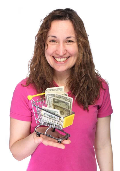 ミニ ショッピングカートを持つ若い陽気な女性 — ストック写真