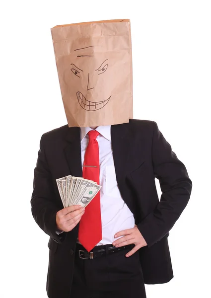 Evil business man bag on head hold money notes — Stock Photo, Image