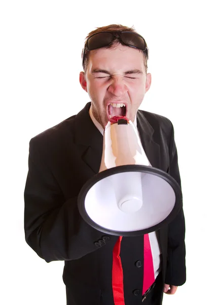 Young businessman with loudspeaker — Stock Photo, Image