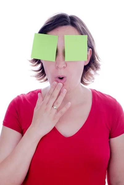 Surprised young woman post-it on her eyes — Stock Photo, Image