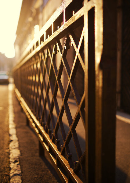 Forged decorative iron fence at sunset