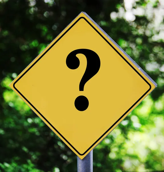 Yellow traffic label with question mark pictogram — Stock Photo, Image