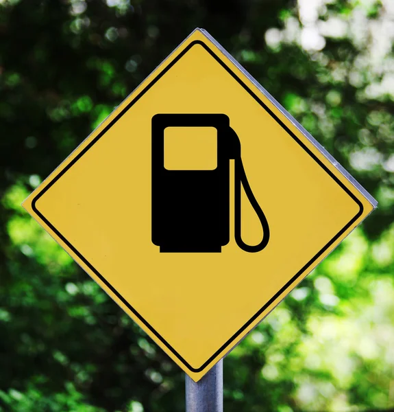 Yellow traffic label with petrol station pictogram — Stock Photo, Image