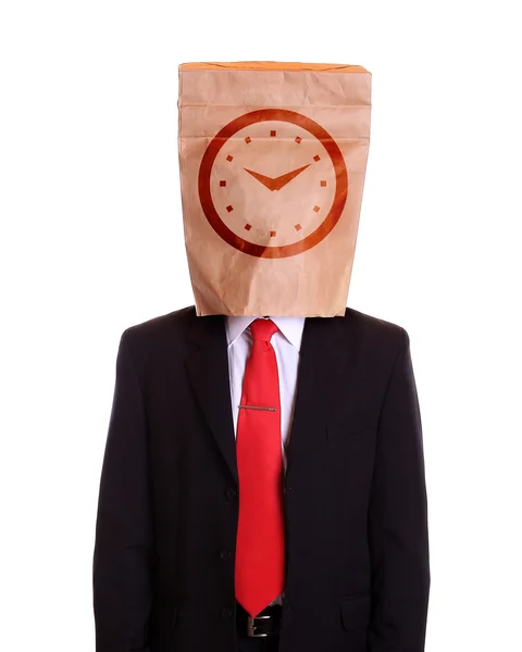 Man with a paper bag on head clock dial on it — Stock Photo, Image