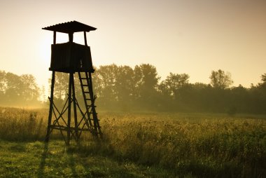 Lookout tower for hunting at dawn clipart