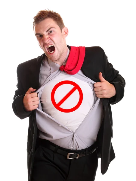 Young angry businessman tearing his shirt - traffic symbol on it — Stock Photo, Image