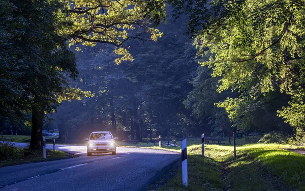 Carro Estrada Floresta Outono — Fotografia de Stock