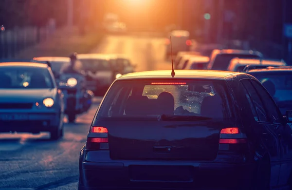 Starker Verkehr Stau Der Stadt Bei Sonnenuntergang — Stockfoto