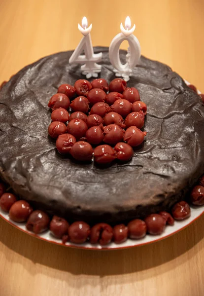 Pastel Chocolate Con Cereza Para Años Edad Cumpleaños — Foto de Stock