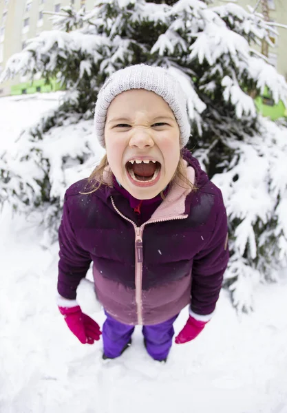 Cute Angry Child Shouting Outdoor Snow Wintertime — Stock Photo, Image