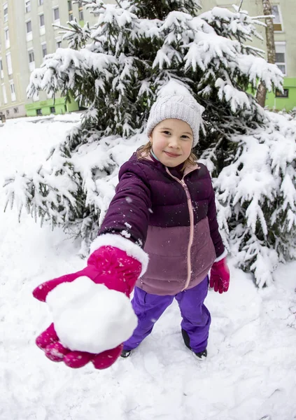 Cute Beautiful Smiling Girl Snowball Outdoor Snow Wintertime — Stock fotografie