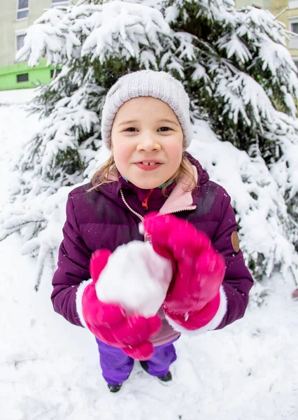 Cute Beautiful Smiling Girl Snowball Outdoor Snow Wintertime — Stok fotoğraf