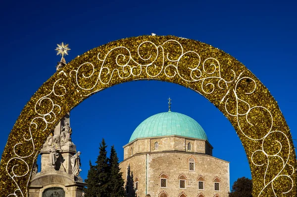 Beautiful Main Square Pecs Hungary Dzsami Mosque Trinity Statue Golden — Stock Photo, Image
