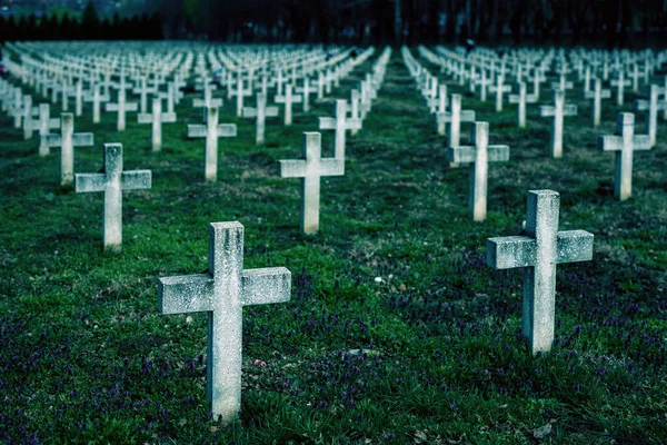 Многие Надгробия Кладбище Сумерках — стоковое фото