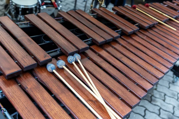 Enorme Instrumento Percusión Xilófono Madera Con Palos Tambor — Foto de Stock