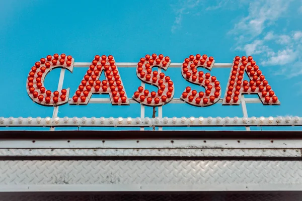 Cassa Text Made Red Bulbs Outdoor — Foto de Stock