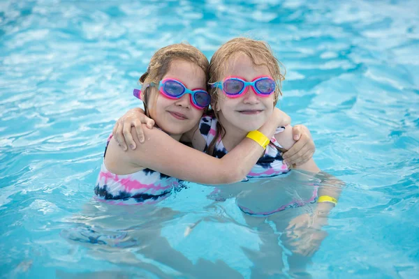 Lovely Smiling Children Swimming Pool Wearing Diving Goggles — Stock Photo, Image
