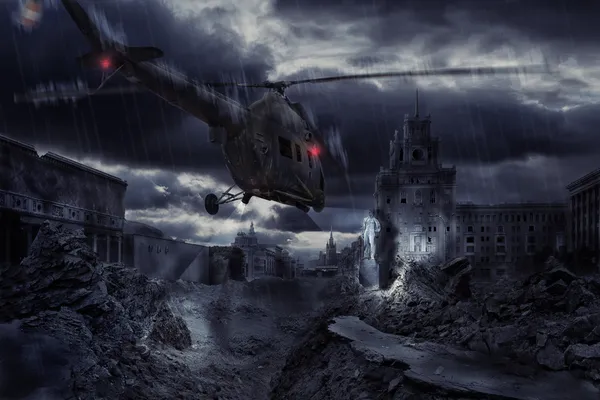 Helicopter over ruined city during storm — Stock Photo, Image