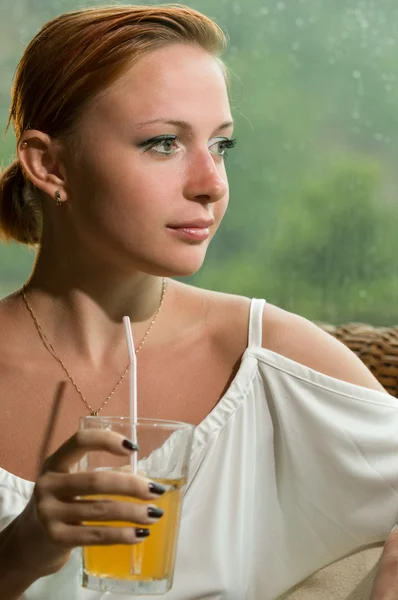 Beautiful red girl wearing dress — Stock Photo, Image