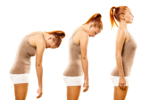 Mujer joven practicando yoga spine roll —  Fotos de Stock