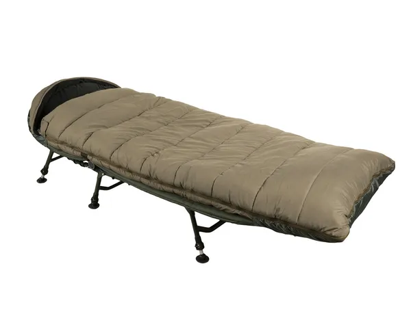 Camp bed with sleeping bag — Stock Photo, Image