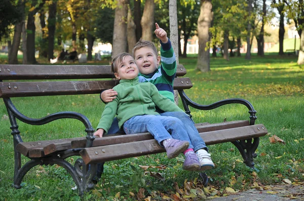 Мальчик и девочка играют в парке купаясь в осенних красках — стоковое фото