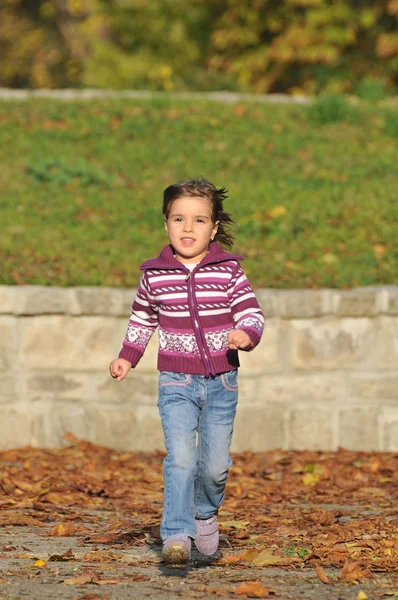 Tatlı küçük kız sonbahar parkında yapraklarla oynuyor. — Stok fotoğraf