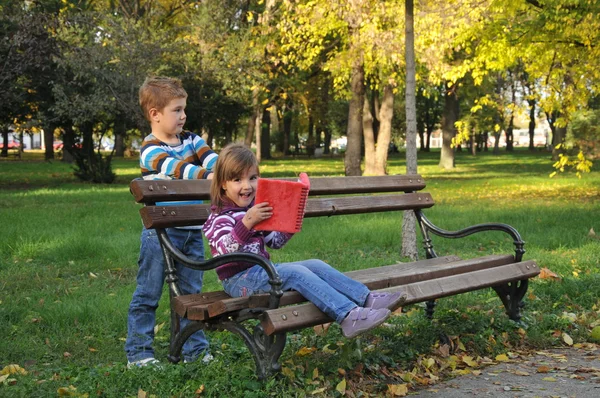 Roztomilá holčička a kluk hraje s listí v podzimním parku — Stock fotografie