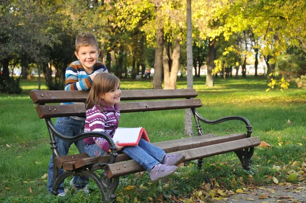 Schattig klein meisje en jongen speelt met bladeren in de herfst park — Stockfoto