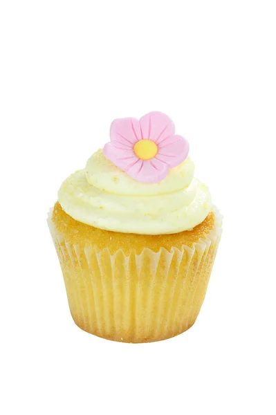Cupcake de aniversário isolado com flor — Fotografia de Stock